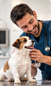 Veterinario atendiendo con cercanía a un perro