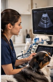 Especialista veterinaria durante una evaluación por imagen